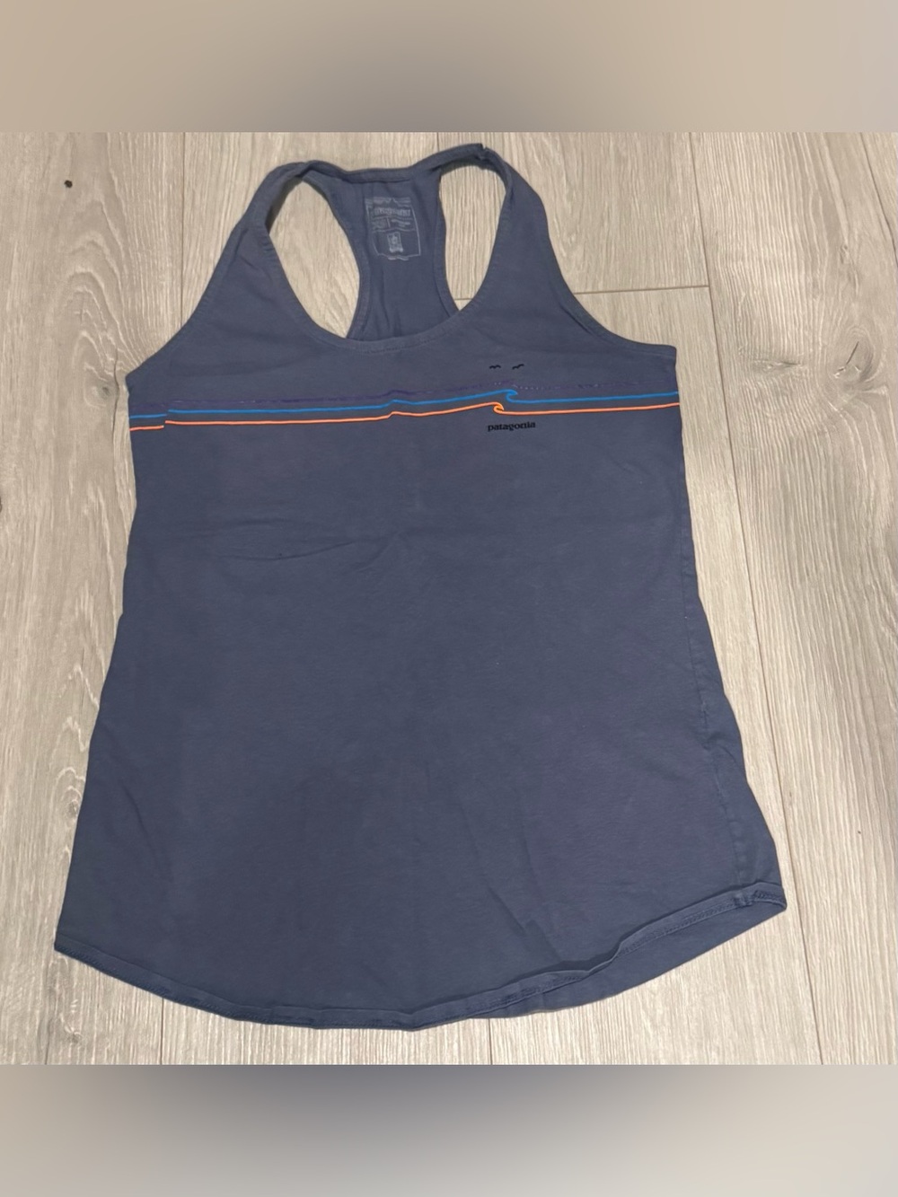 Patagonia Women’s Navy Racerback Tank with Blue and Orange Stripe XS